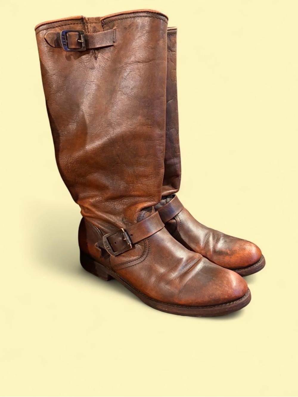 Frye Women’s 9.5 Tall Brown Leather Harness Moto Boots Distressed